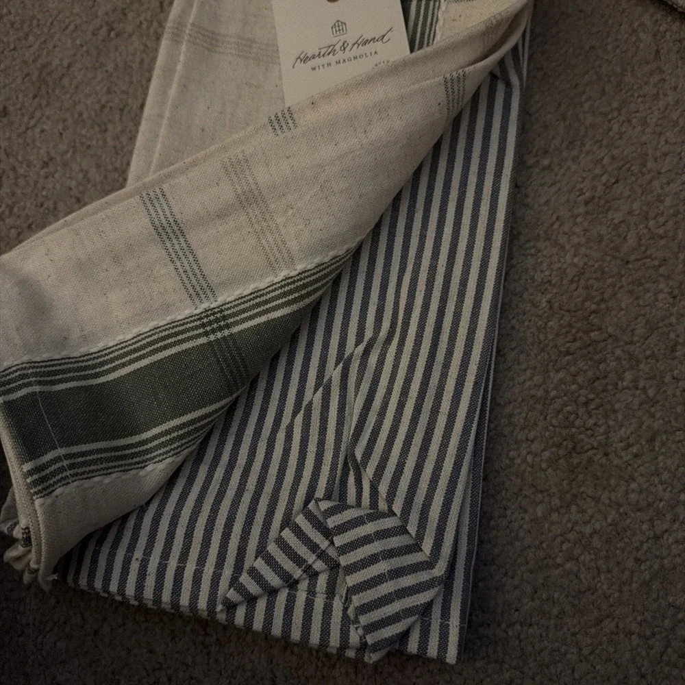Hearth & Hand Magnolia Striped Kitchen Towels Cream, Green, & Blue, Set of 2 NWT